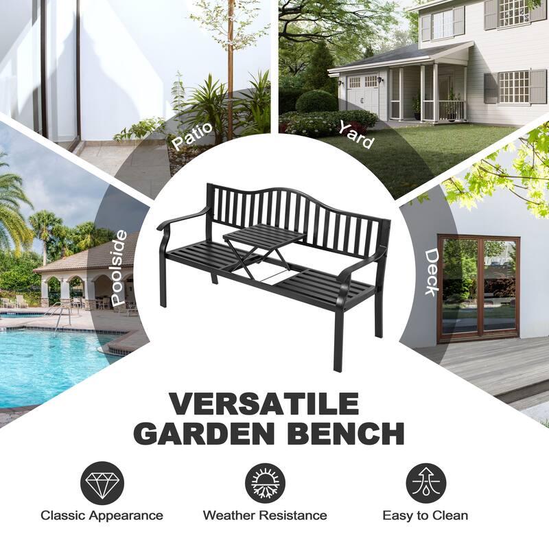 E-Coated Metal Frame Outdoor Bench with Backrest and a Built-In Small Table, Black