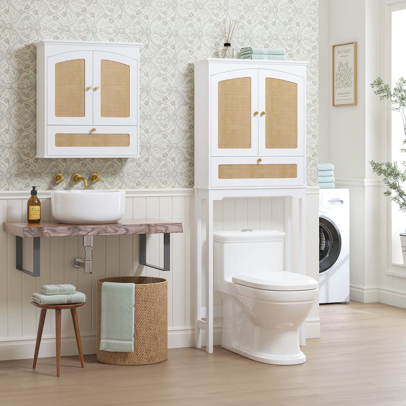 COSTARS Rattan Over Toilet Cabinet: Bathroom Storage with Tilt-Out Cube & Adjustable Shelf