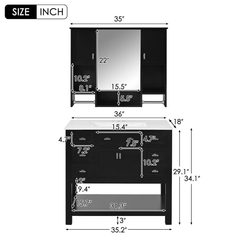 Bathroom Furniture Set of 2 - Vanity Cabinet with 6 Drawers and Open Shelf, Mirror Cabinet with 2 Towels Bars and 3 Open Shelves