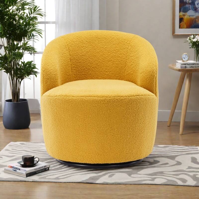 Teddy Fabric Swivel Chair Barrel Accent Chair with 360° Rotation and Metal Base - Yellow