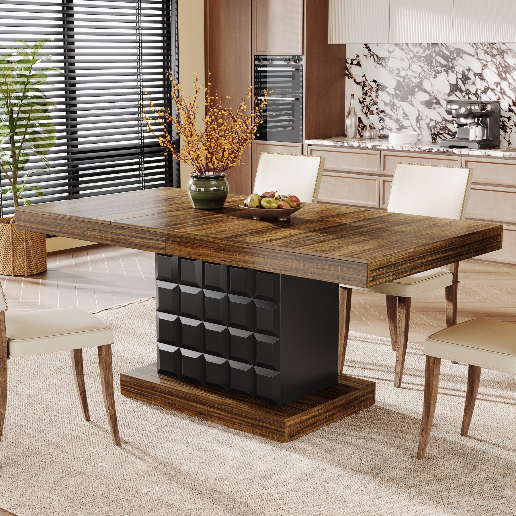 63'' Wood Rectangular Kitchen Dining Table with Pedestal for 4-6