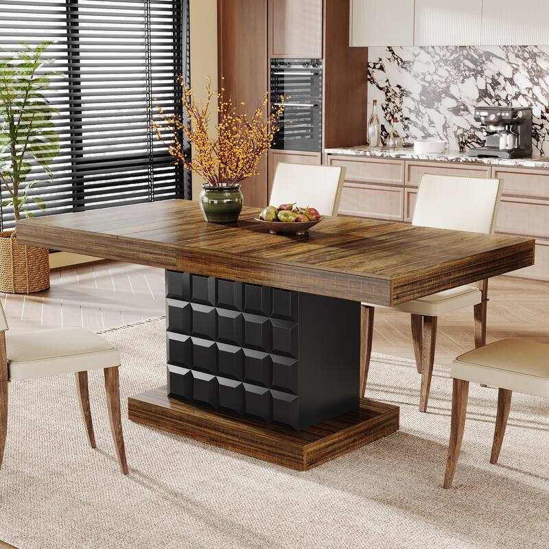 63'' Wooden Dining Dinner Table with Pedestal for 4-6, Farmhouse Kitchen Table - Brown+Black