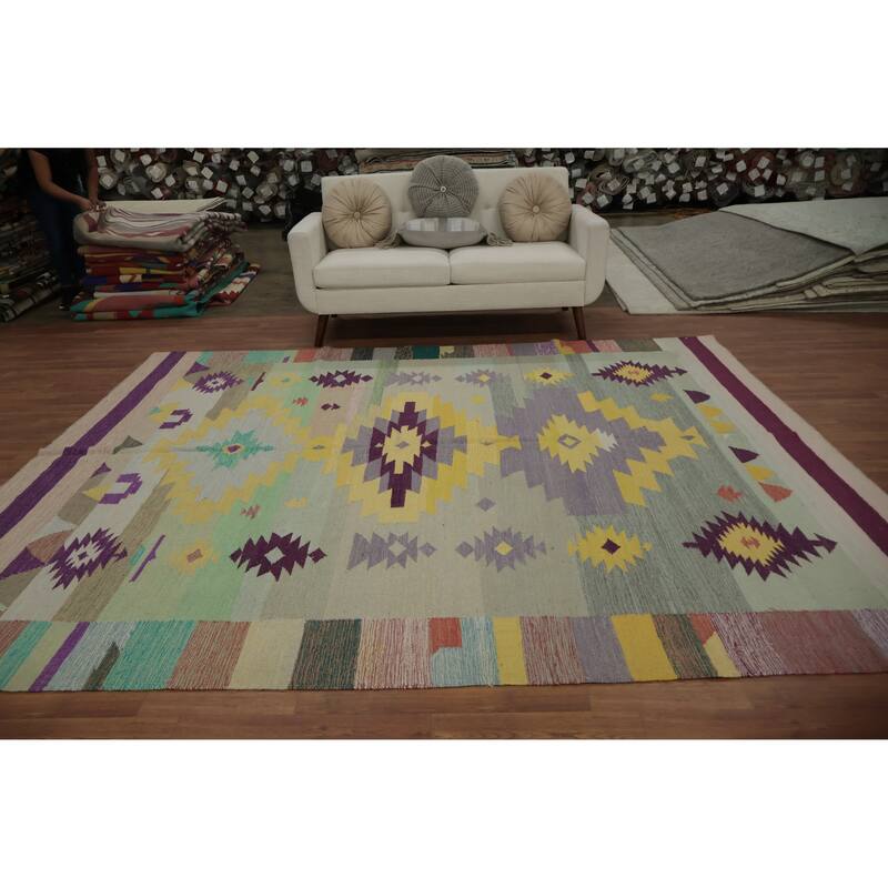 Hand Woven Oriental 100% Wool Carpet Southwestern Tribal Multi-Colored Kilim Area Rug - 9' 10'' X 8' 4''