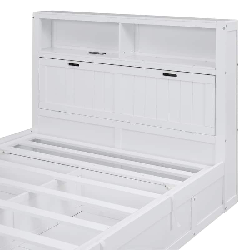White Full Size Wooden Platform Bed with Storage LED Headboard, Charging Station and 2 Drawers