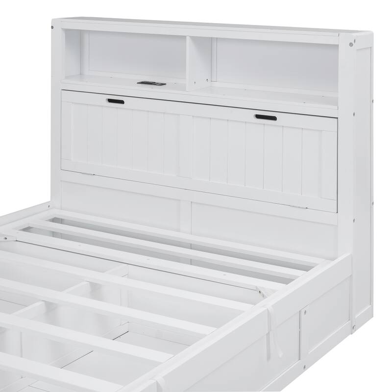 Wood Platform Bed Side Lift Up Hydraulic Storage Bed with 2 Drawers, Flip-top Headboard, Ambient Light Cabinet, Charging Station