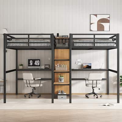 Metal Loft Bed Twin Size Double Beds with Wood Built-in Dual Desks, Wardrobe, Shelves, Dual Power Outlets and Guardrails
