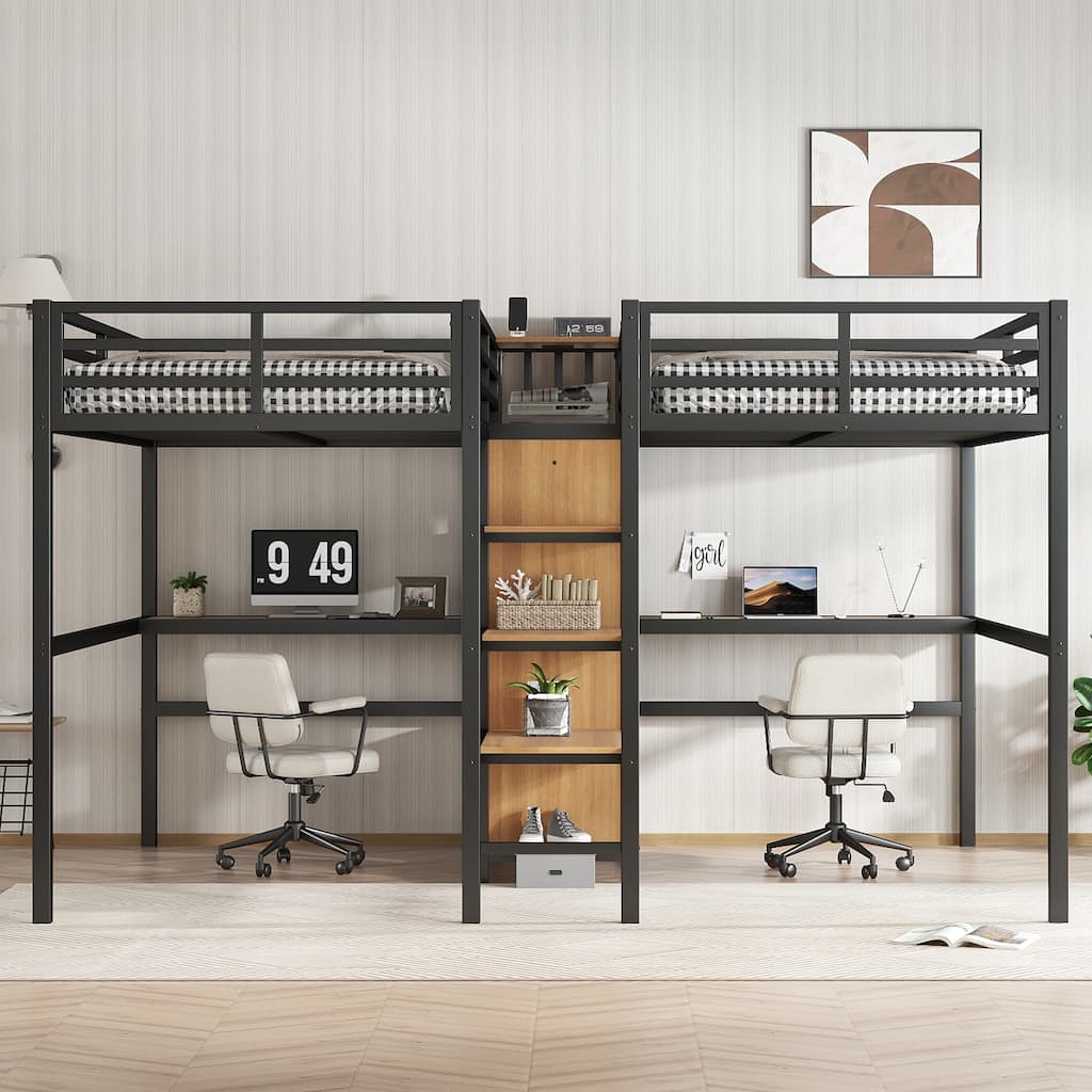 Metal Loft Bed Twin Size Double Beds with Wood Built-in Dual Desks, Wardrobe, Shelves, Dual Power Outlets and Guardrails