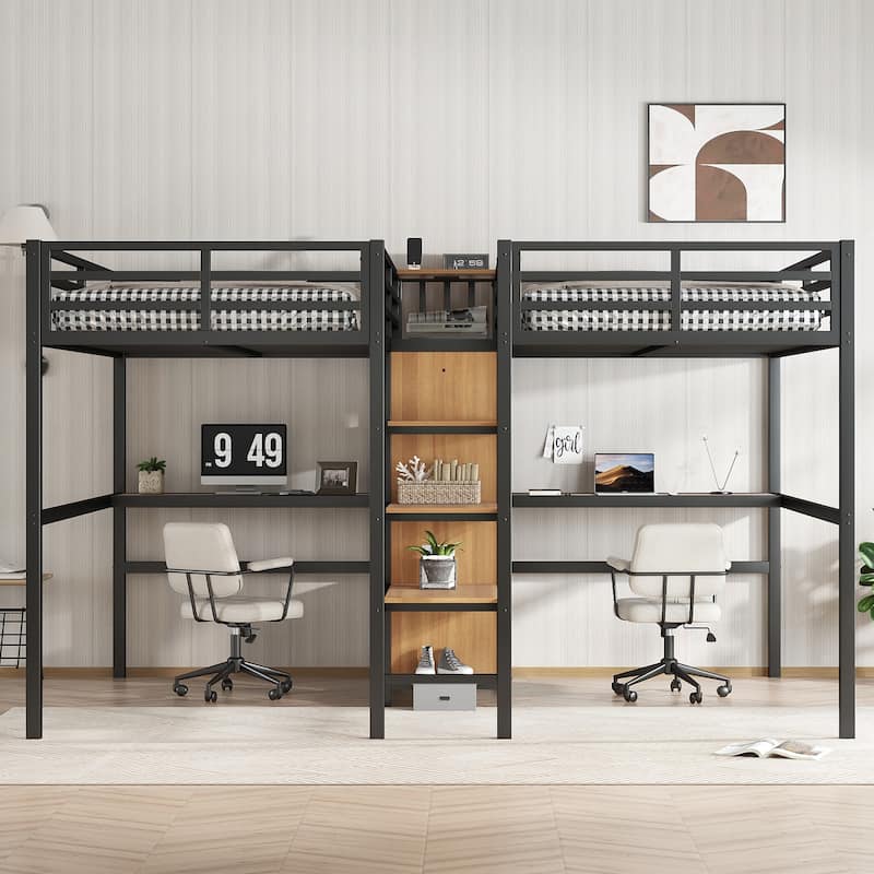 Twin Over Twin Metal Loft Bed with Double Desk, Wardrobe & Shelves