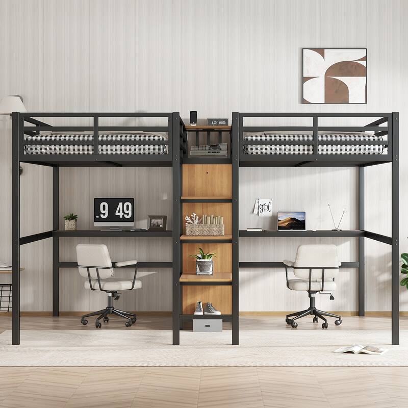 Twin-over-Twin Metal Loft Bed with Double Desks, Wardrobe and Electrical Outlets