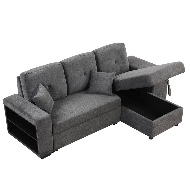 95" Reversible Sleeper Sofa Pull-Out Sofa Bed with Side Shelf and 2 Stools, Storage Chaise Left/Right Hande for Living Room