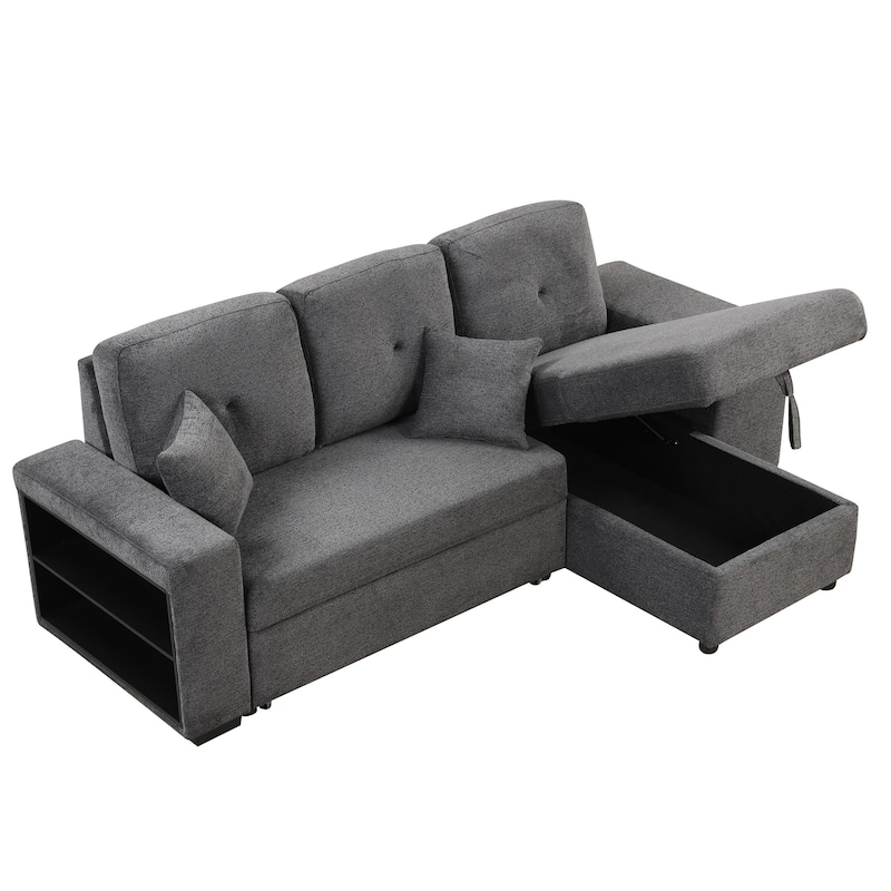 Grey 95'' Reversible L-Shaped 3 Seater Sleeper Sofa with Storage Chaise, Pull-Out Bed and Side Shelf, Includes 2 Stools