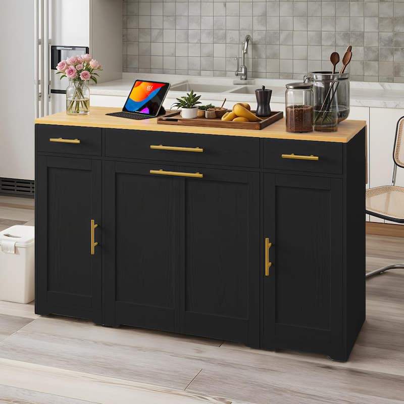 Moasis 55-inch Drop Leaf Kitchen Island With Pull Out Trash Can Storage Cabinet - Black