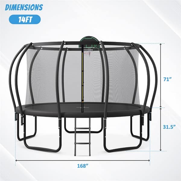 dimension image slide 3 of 4, 12/14/15/16FT Outdoor Kids Trampoline with Enclosure, Basketball Board
