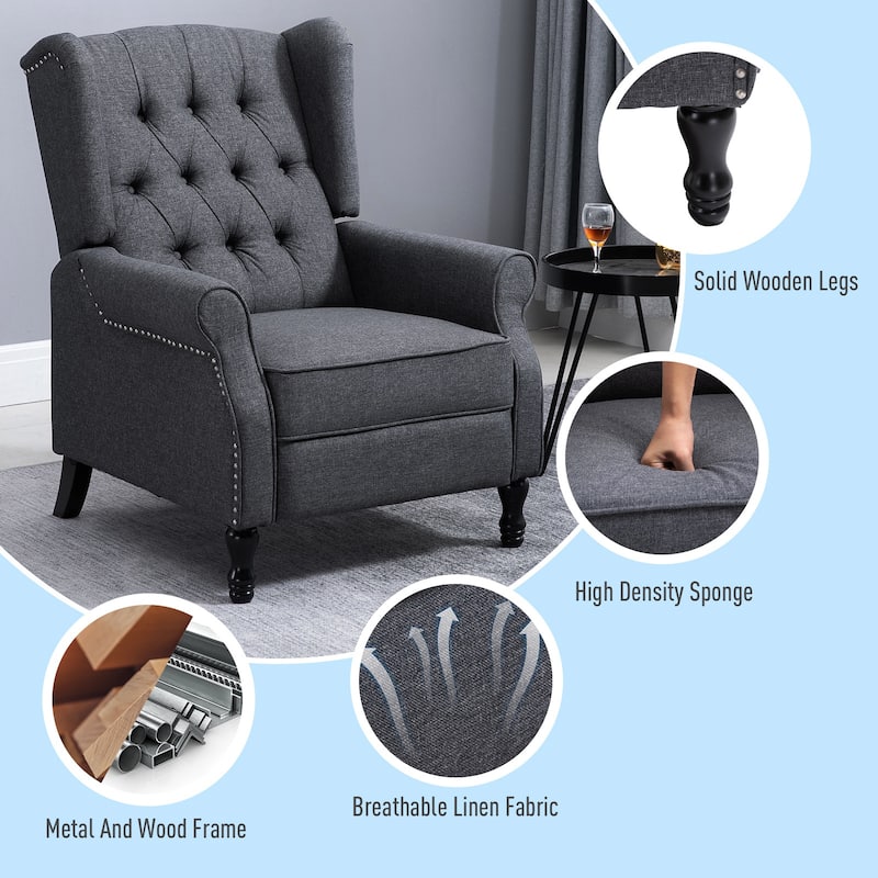 Grey Modern 26" Upholstered Buttons Tufted Recliner Chair with Footrest and Solid Wooden Legs