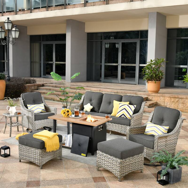 OVIOS 7 Pieces Outdoor Wicker Curved Swivel Chair Set With Fire Table - Black