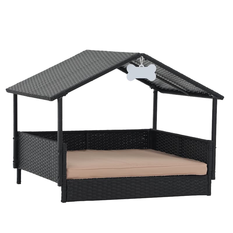 Outdoor Cushioned Wicker Dog House Pet Bed