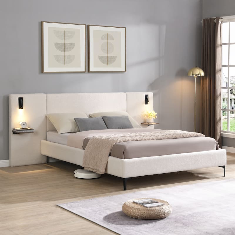 Christopher Knight Home - Elise Queen Boucle Upholstered Bed with Integrated Lights and Shelves - White - Queen