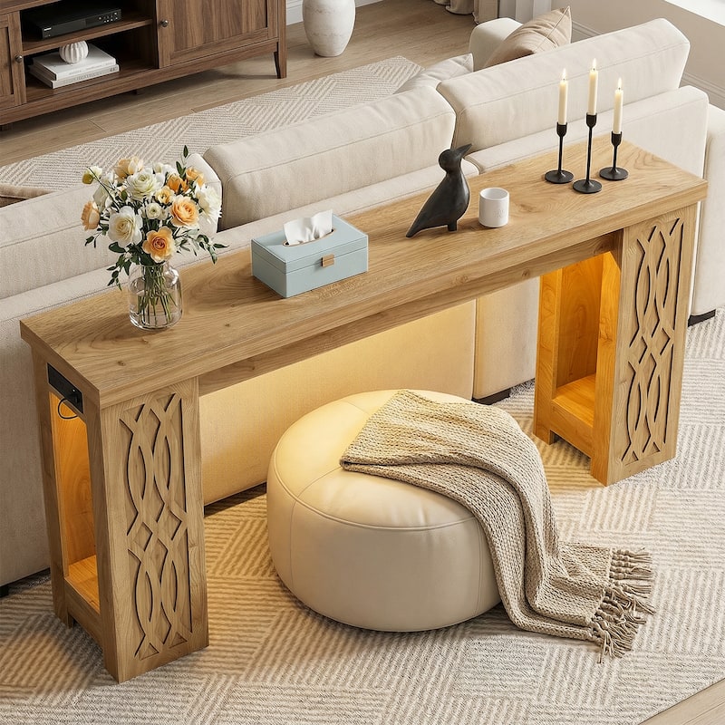 63" Farmhouse Console Table with RGB LED Lights ＆ Power Outlets, Unique Carved Design Entryway Table, Wooden Sofa Table