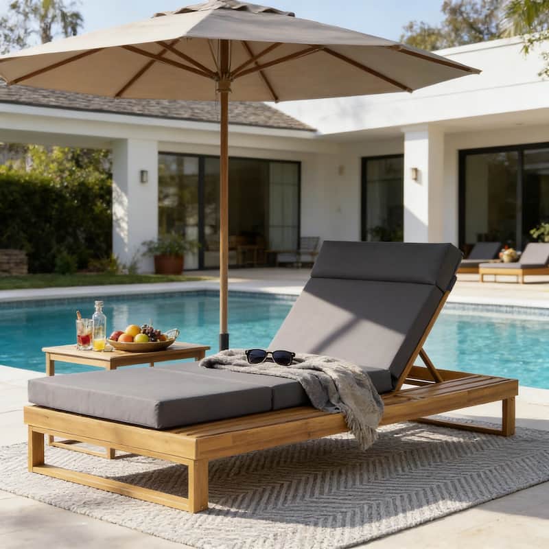 Christopher Knight Home - Modern Outdoor Acacia Wood Chaise Lounge with 4-Position Adjustable Backrest & 4-Fold Cushion - Teak Finish+Dark Gray Cushion