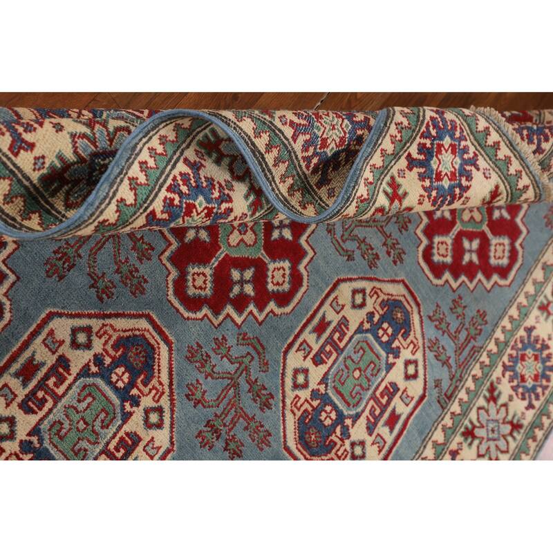 Light Blue Geometric Kazak Rug Hand-Knotted Oriental Wool Carpet - 4'11" x 6'8"