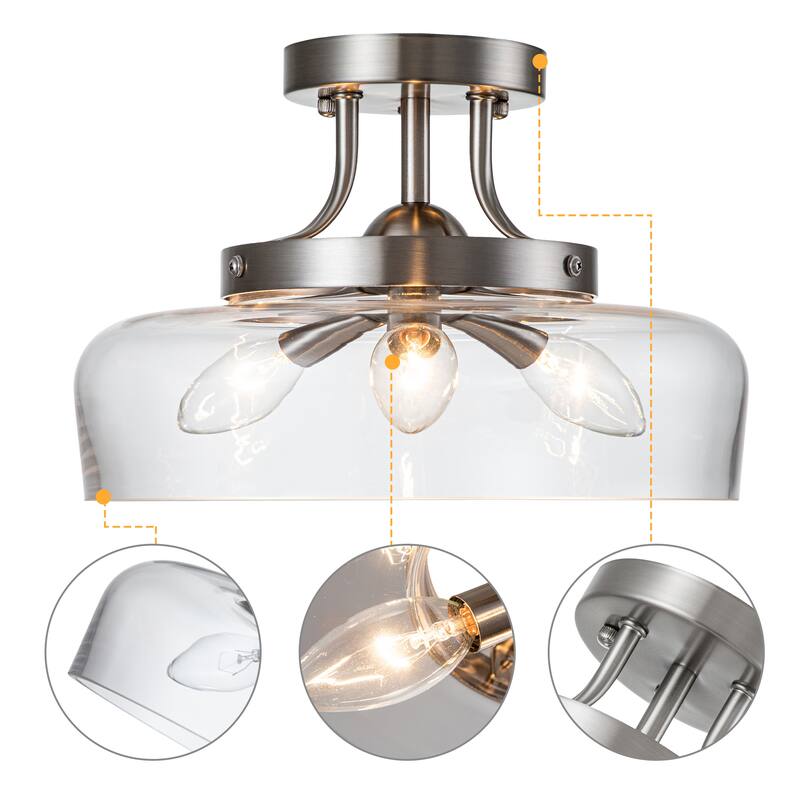 C Cattleya 3-Light Satin Nickel Semi Flush Mount Ceiling Light with Glass Shade