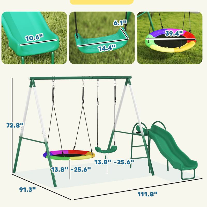 3-in-1 Kids Swing Set Saucer Slide Seat With Waterproof Material - 111.8" L x 91.3" W x 72.8" H