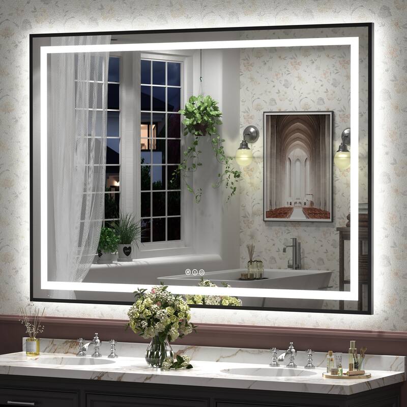 Black Metal Framed LED Front Light and Backlit Anti-Fog Wall Bathroom/ Vanity Mirror - 55" x 40"-Square Corner - Black