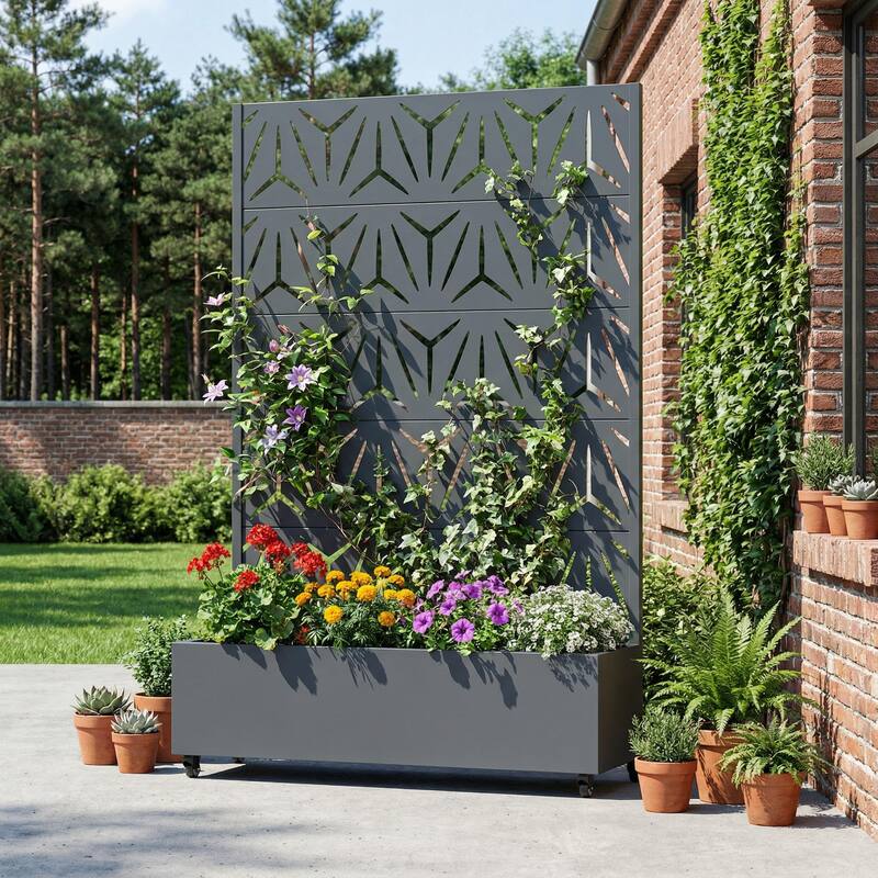 Metal Galvanized Planter Box with Trellis Privacy Screen Lockable Wheels - Dark Grey-Rectangle - 72"x47"