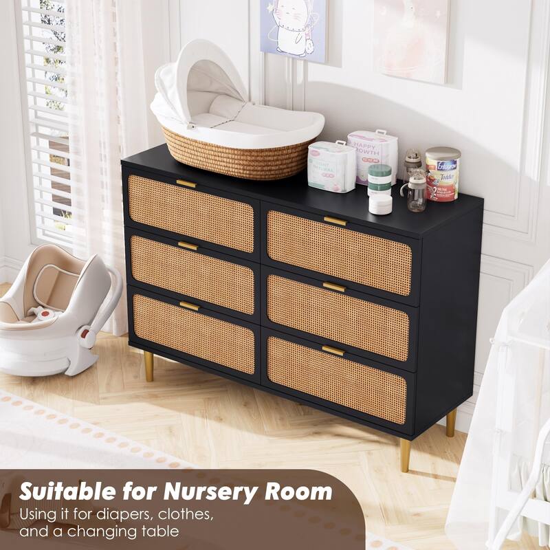 5/6 Drawer Rattan Dresser for Bedroom, Large Freestanding Wooden Chest Storage