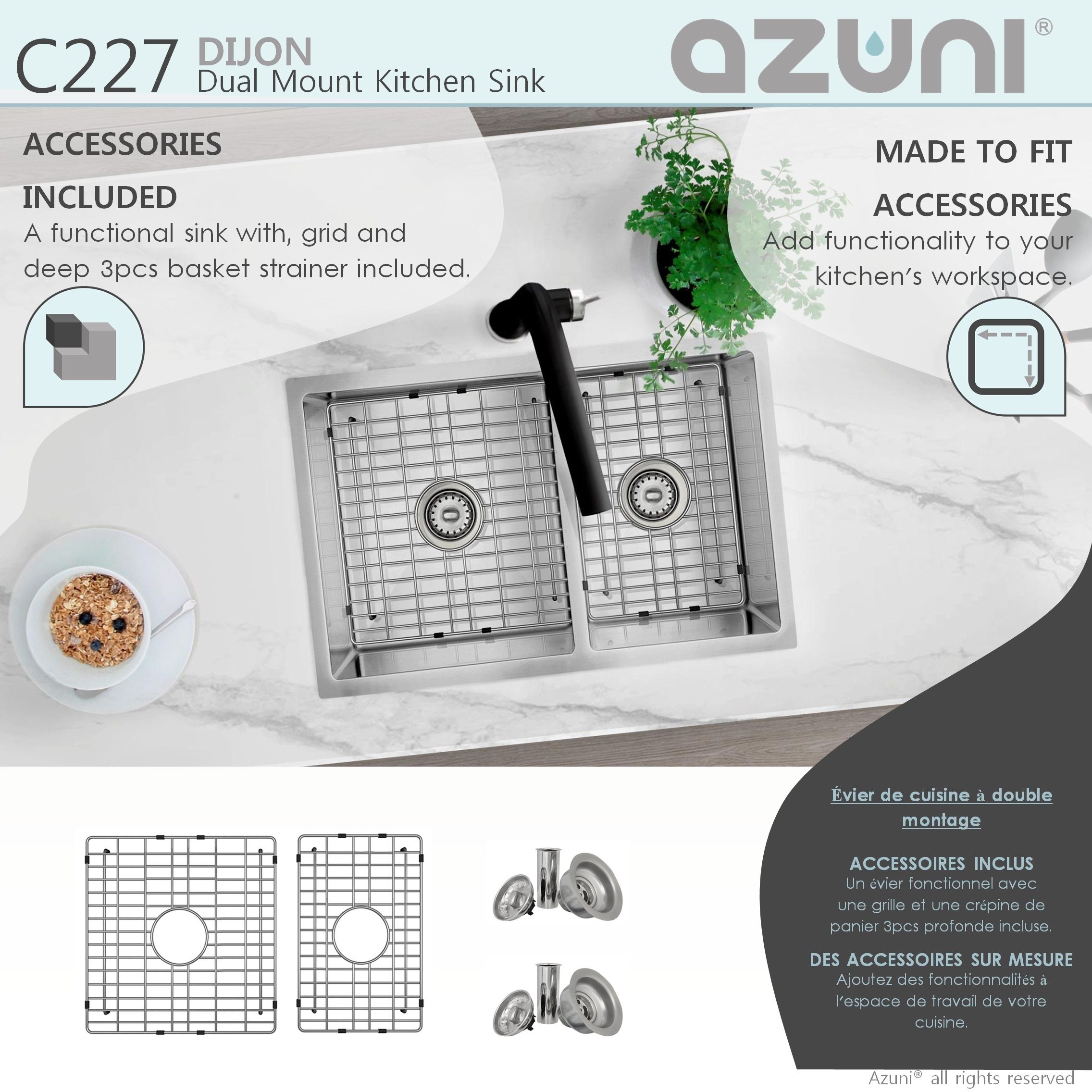 AZUNI 27 inches L x 18 inches W Double Bowl 60/40 Dual Mount
