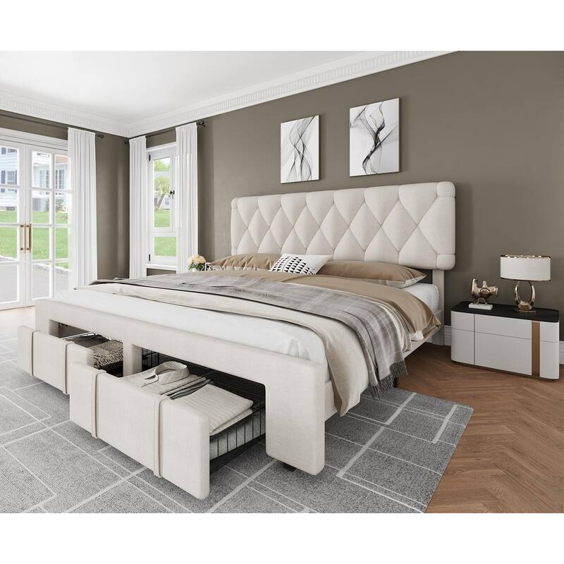 Upholstered Platform Bed Frame with Storage Drawers, No Box Spring Needed, Beige - King