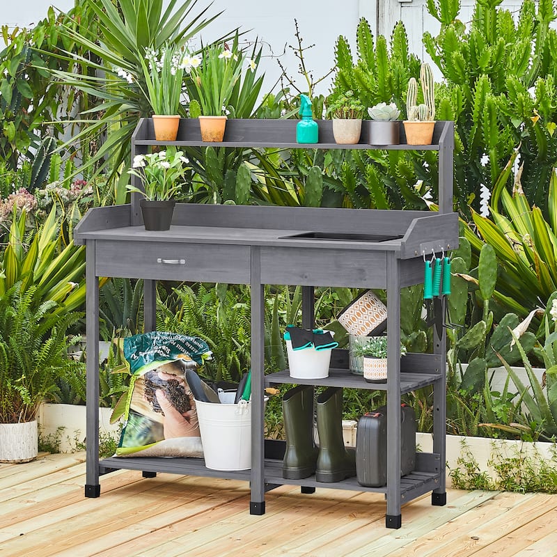 Yaheetech Garden Potting Bench Planting Bench with Sink Drawer Rack - Grey