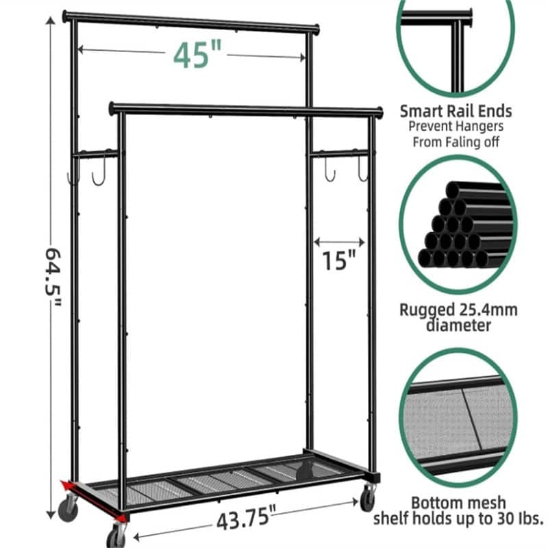 Double Rod Clothing Garment Rack on Wheels - 16.25"D x 45"W x 64.5"H