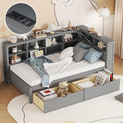 Twin/Full Daybed with USB Charging Station, Drawers, and Storage Shelf, Grey/White