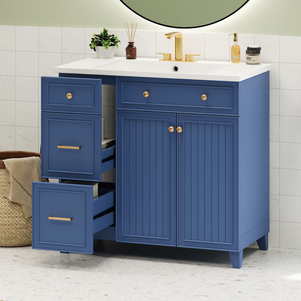 GDFStudio - Elise Wood 36" Transitional Bathroom Vanity with Resin Sink, 2 Drawers, Shelf & 2 Doors