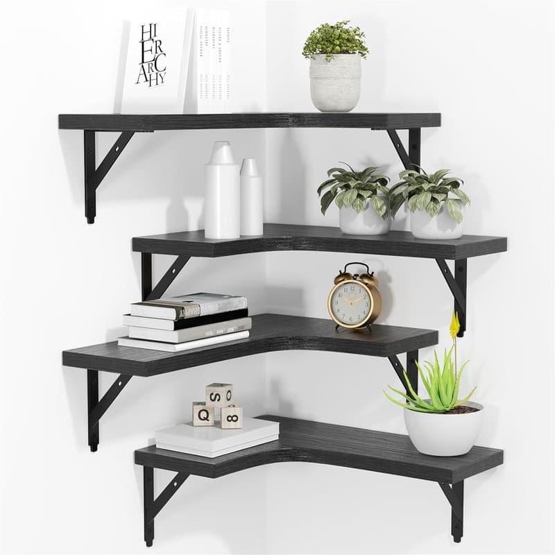 Corner Floating Shelves Wall Mounted Set of 4 - 11.4"D x 16"W x 0.6"H - Black