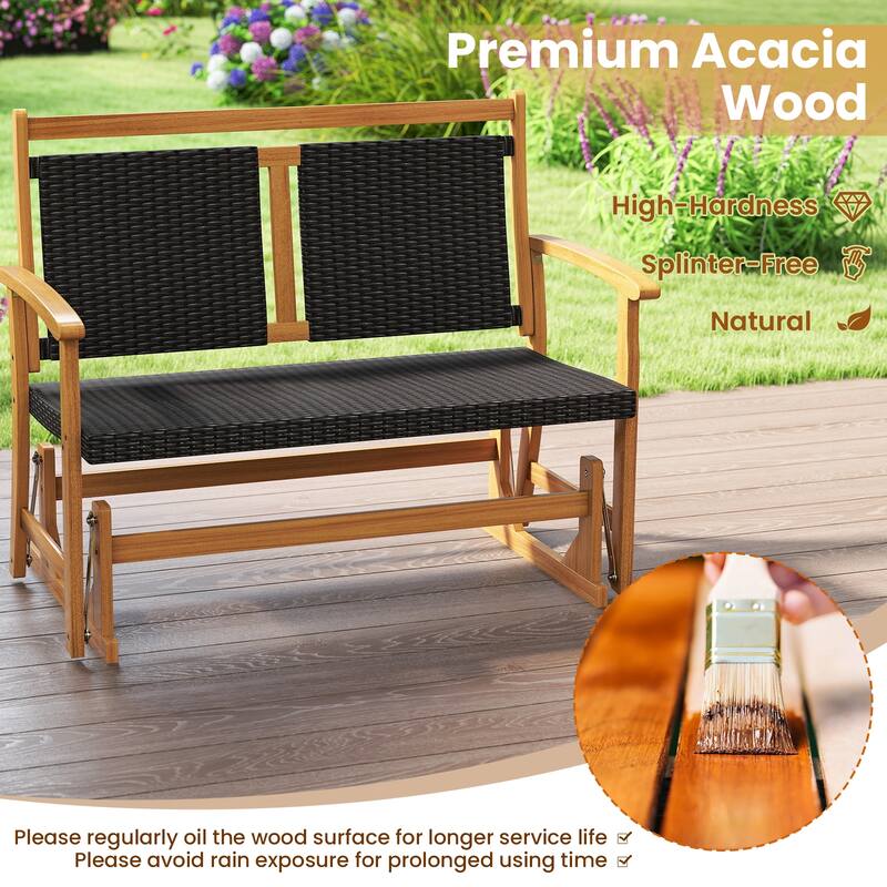 Gymax Patio Rattan Glider Bench Swing Gliding Rocker for 2 w/ Acacia
