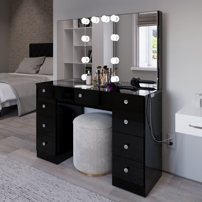 Boahaus Hollywood Makeup Vanity Desk with Lighted Mirror and Power Station; Modern Dressing Table with Storage Drawers