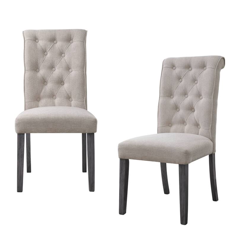 HomeRoots Set of Two Tufted Beige and Gray Upholstered Linen And Solid Wood Dining Side Chairs
