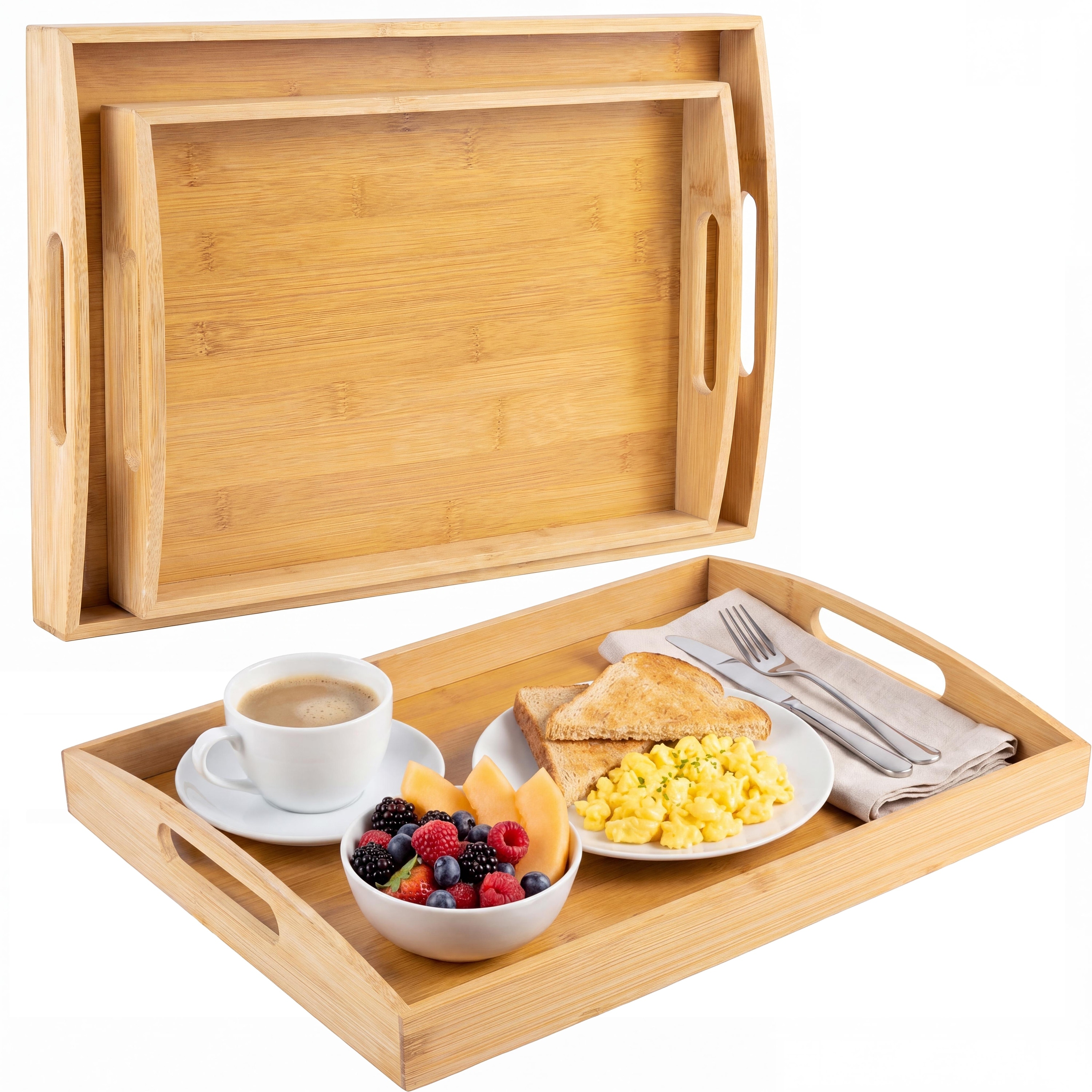 happimess Elora Set of 2 Handcrafted Nesting Bamboo Serving Trays with Handles