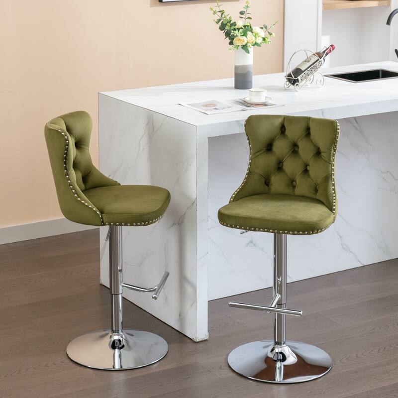 Velvet Swivel Bar Stools Set of 2, Kitchen Island Chairs with Adjusatble Height, Upholstered Bar Stools with Tufted Back