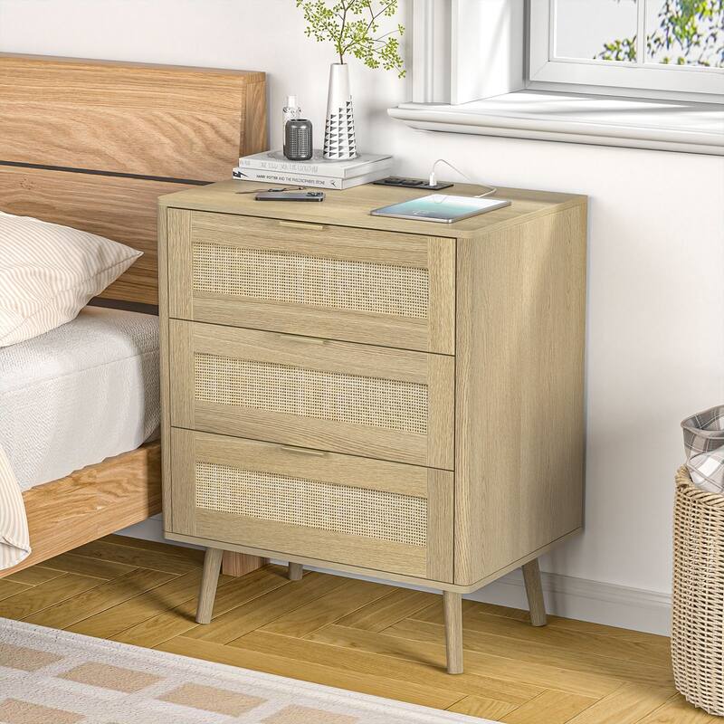 3-Drawer Rattan Dresser - Modern Boho Chest with Natural Accents, Smooth Drawers & Bedroom Storage