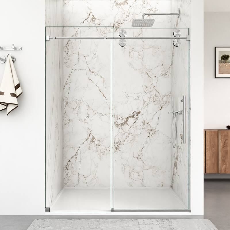 56"-60"W x 72"H Frameless Single Sliding Shower Door - 5/16" (8mm) Clear Tempered Glass - Brushed Nickel