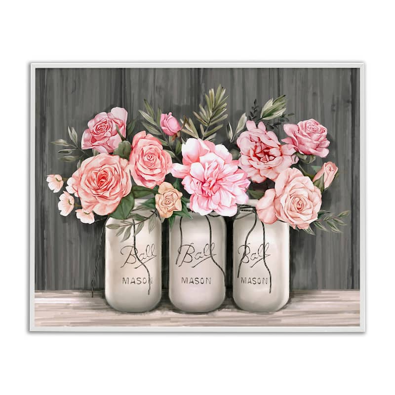 Stupell Blossoming Pink Rose Bouquets Rustic Country Jars Framed Wall Art