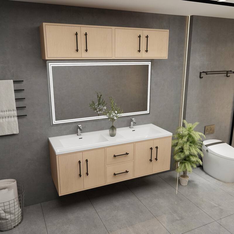 Victoria 60'' Wall-Mounted Double Sink Vanity Set with LED light Top Cabinet