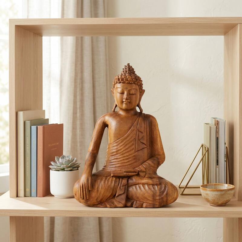 Wood Buddha Statue - Hand Carved Earth Touching Mudra Sculpture, Natural Zen Decor