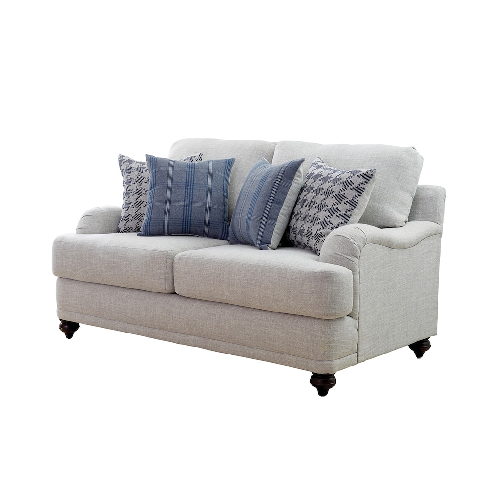 Linen-Like Fabric Loveseat with Recessed Arms in Light Grey and Dark Brown