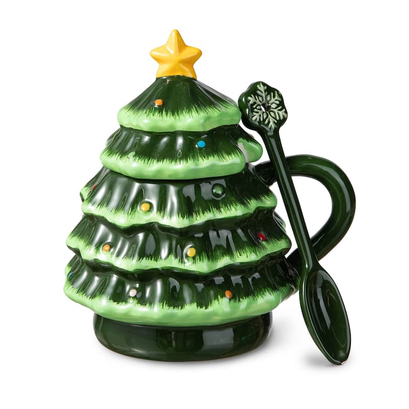 Glitzhome 6.5"H Christmas Ceramic Tree Mug with Lid and Spoon