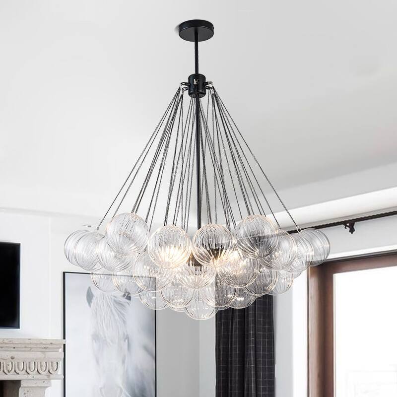 Modern 3-light Clear Ribbed Glass Globe Bubble Chandelier - Vertically Ribbed Glass