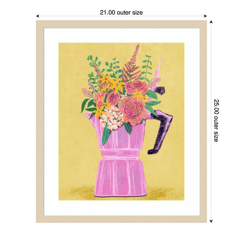 Espresso Maker with Flowers by Raissa Oltmanns Wood Framed Wall Art Print - 21 x 25 in
